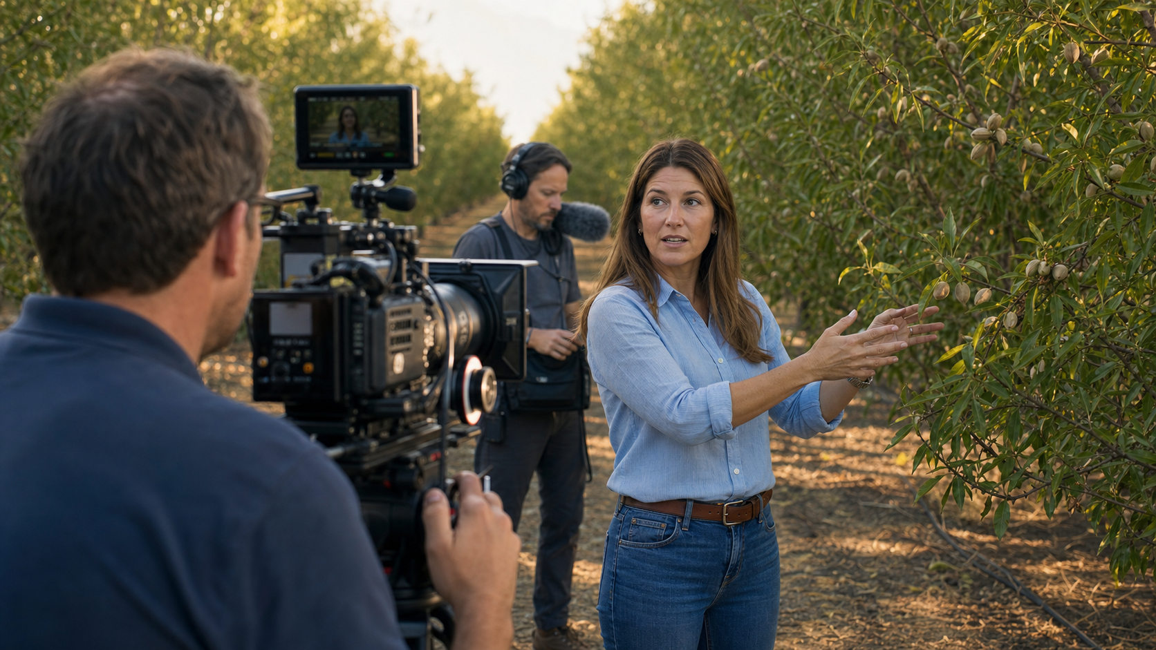 A professional agricultural video crew filming a crop consultant in an orchard