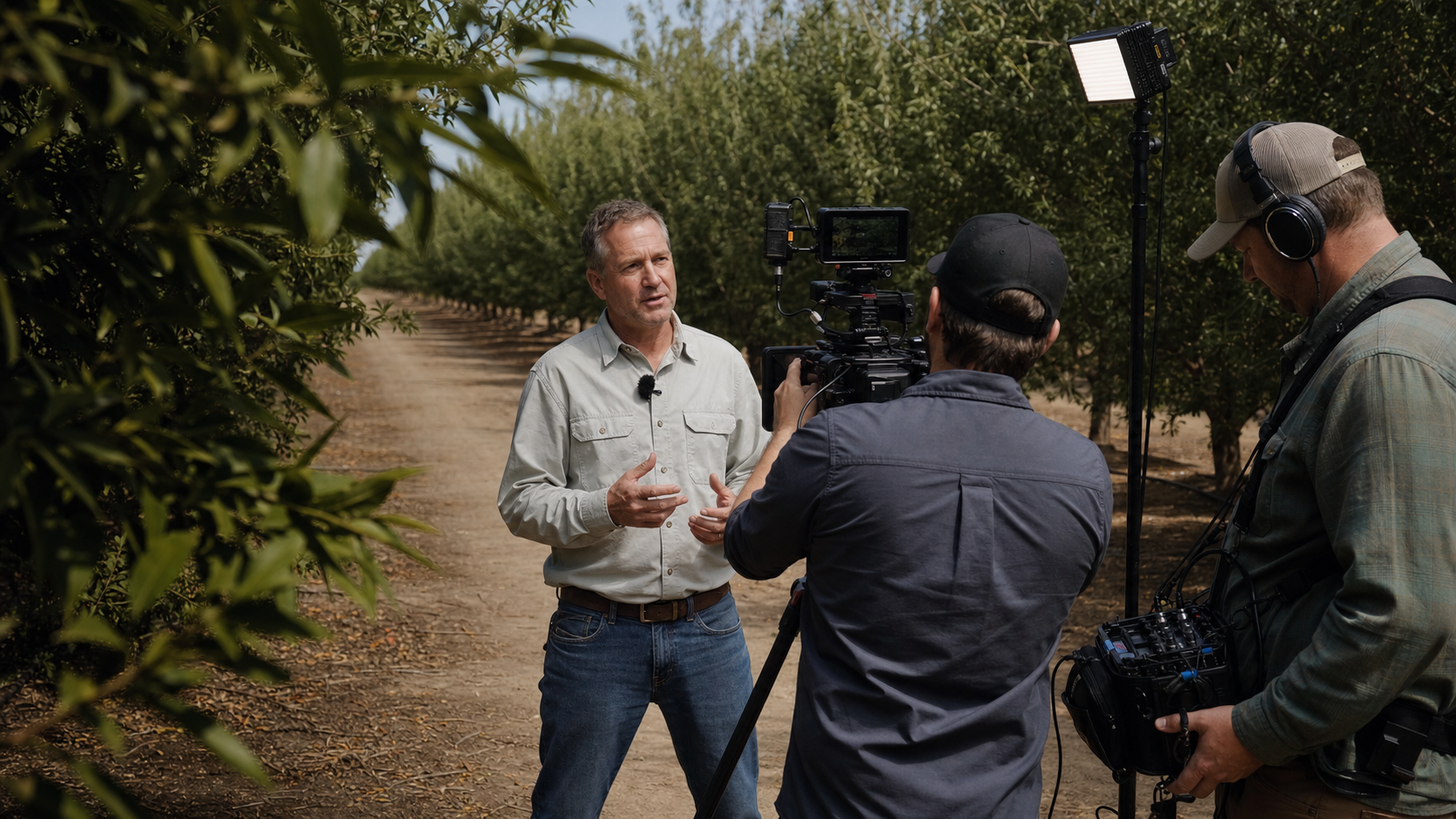 A professional agricultural media crew filming an agronomist in an orchard
