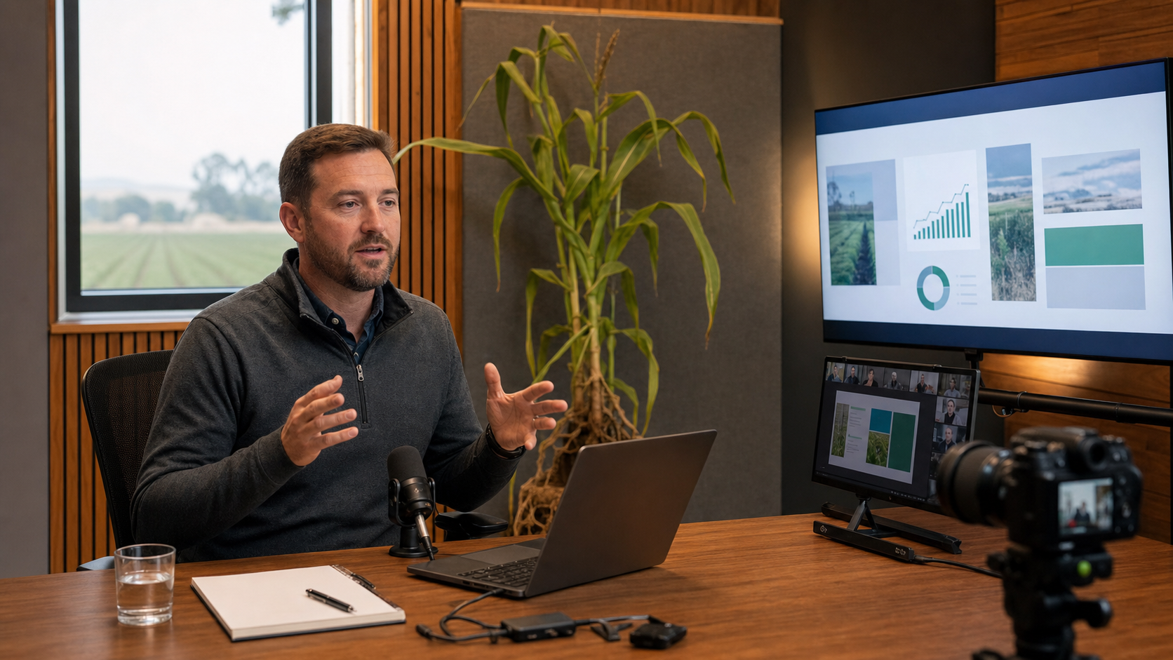 Illustrative scene of an agricultural expert presenting a webinar in a production studio