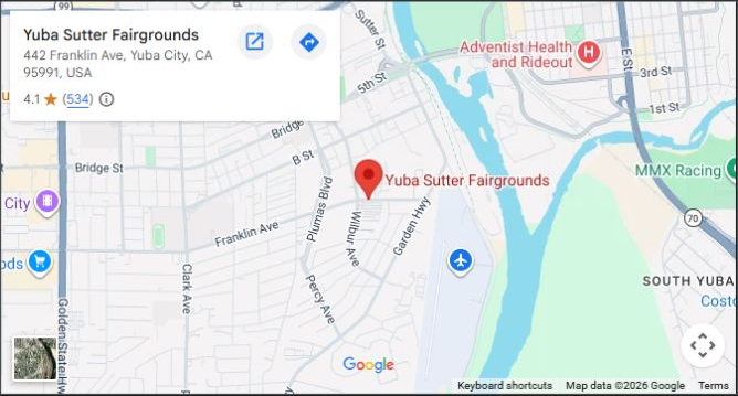 Google location map showing Yuba-Sutter Fairgrounds on Franklin Avenue near Highway 99 and the Feather River