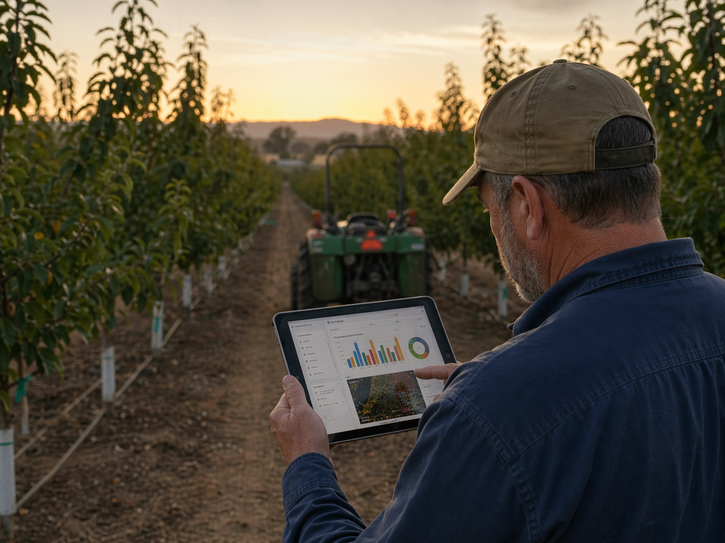 Grower reviewing orchard analytics on a tablet at sunset