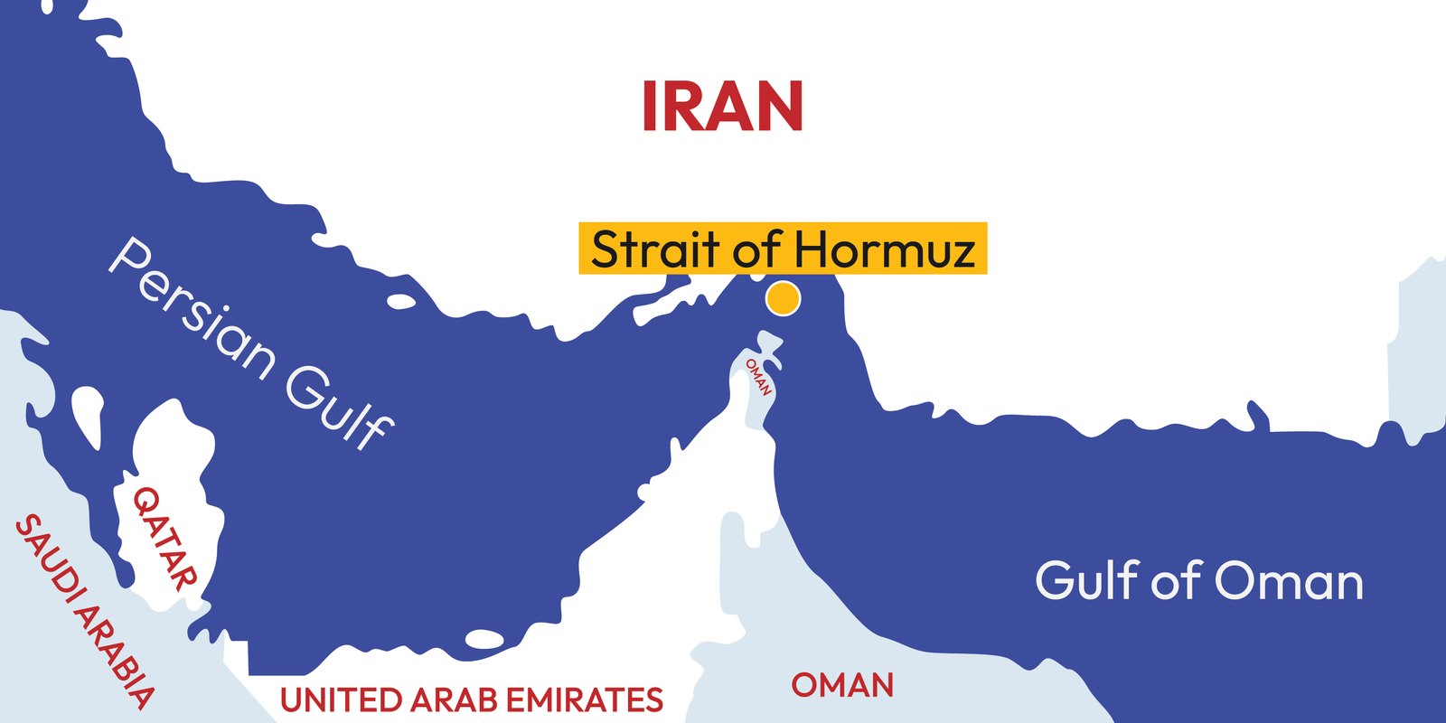 A map shows the Strait of Hormuz between Iran and Oman, connecting the Persian Gulf to the Gulf of Oman