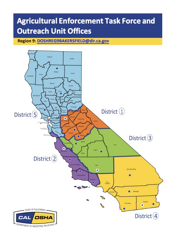 A map of California showing the Cal/OSHA Agricultural Enforcement Task Force and Outreach Unit offices divided into five districts